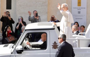 Pope Leo XIV greets crowds in St. Peter’s Square from the popemobile on Sunday, May 18, 2025. Credit: Daniel Ibañez/CNA