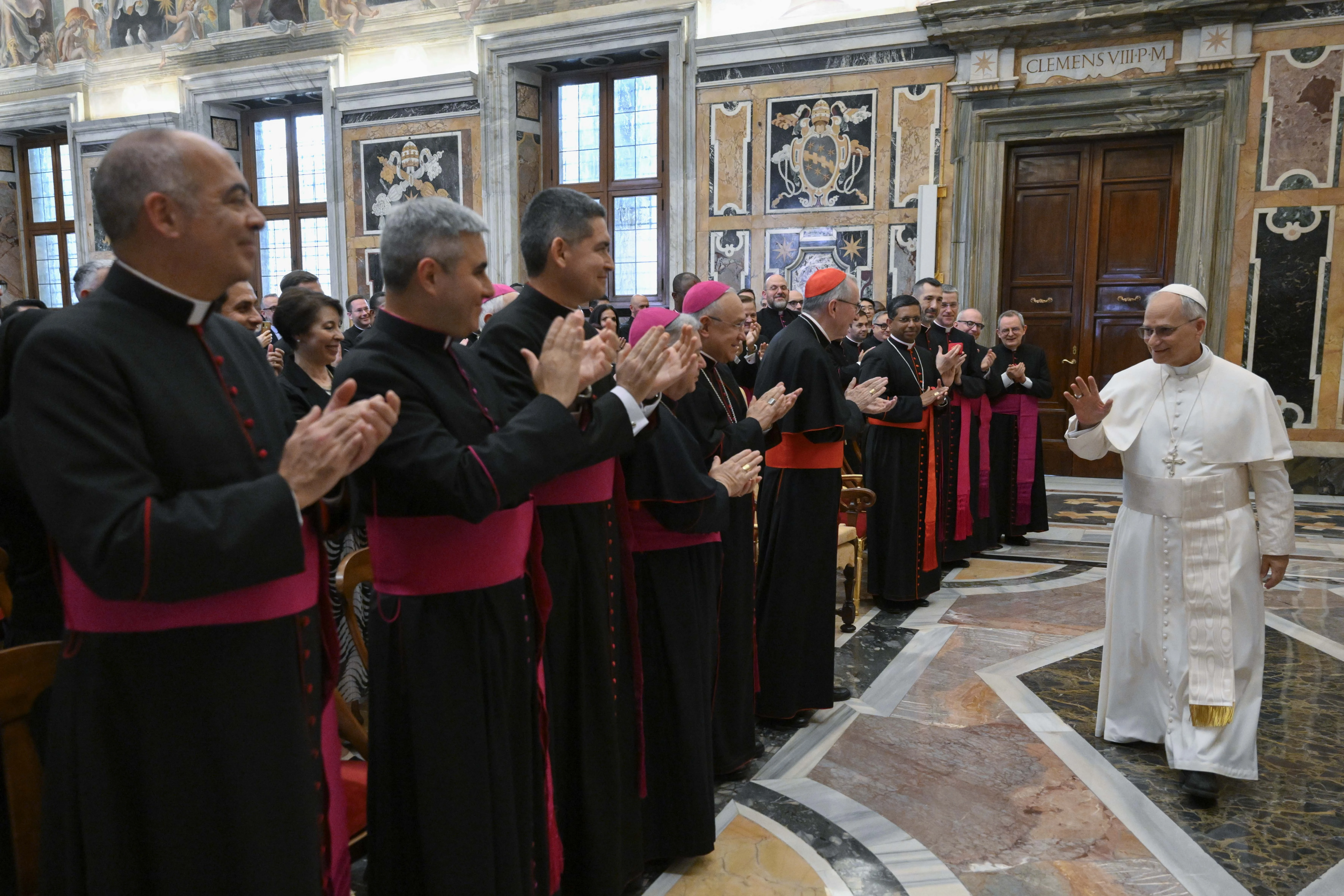 Pope Leo XIV greets members of the Vatican Secretariat of State on June 5, 2025, at the Vatican.?w=200&h=150