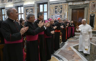 Pope Leo XIV greets members of the Vatican Secretariat of State on June 5, 2025, at the Vatican. Credit: Vatican Media