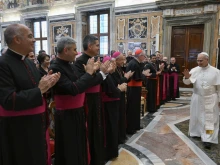 Pope Leo XIV greets members of the Vatican Secretariat of State on June 5, 2025, at the Vatican.