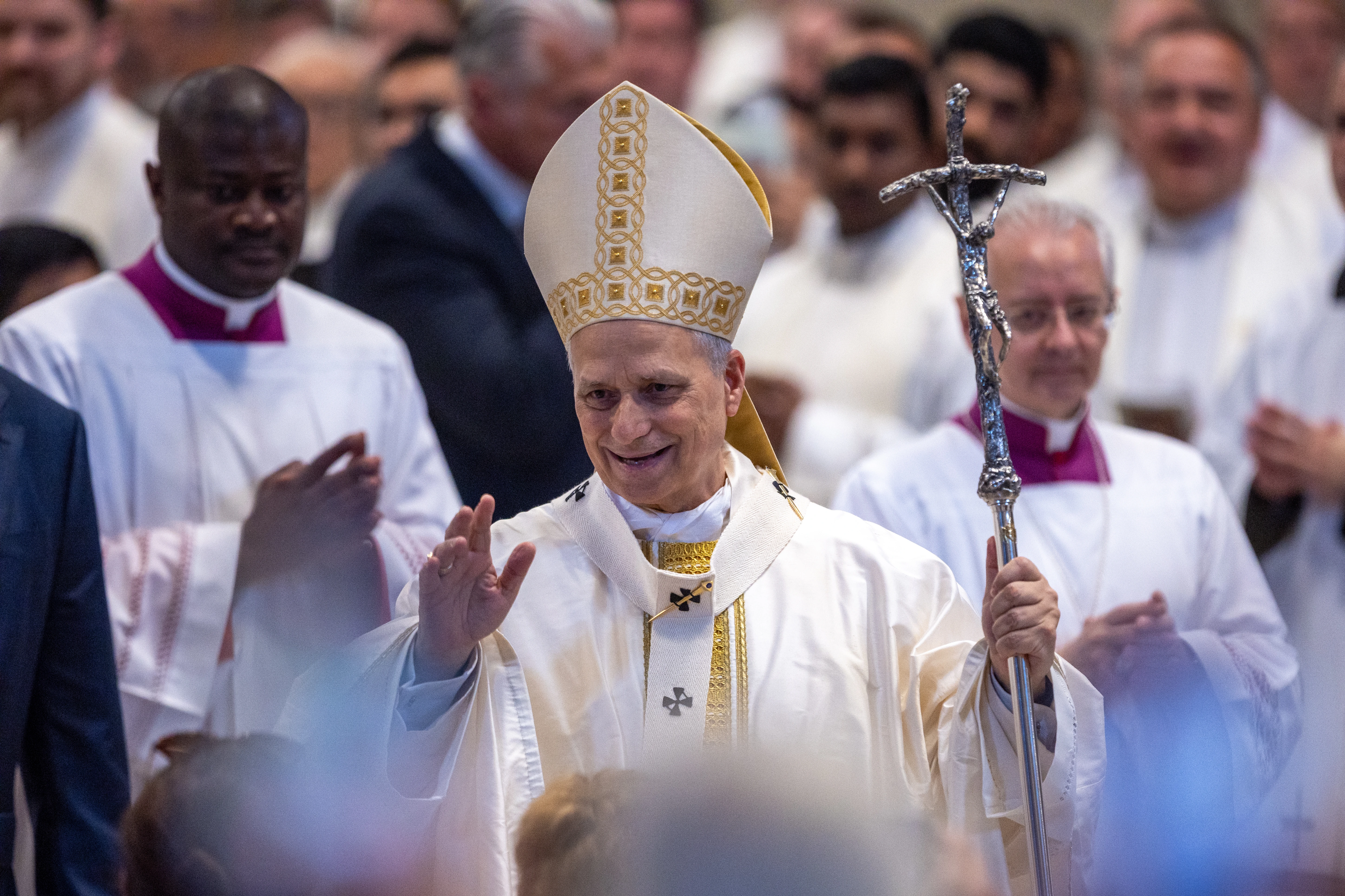 Pope Leo XIV waves to those gathered for Mass for the Jubilee of Sport on the solemnity of the Most Holy Trinity on June 15, 2025, in St. Peter’s Basilica at the Vatican.?w=200&h=150