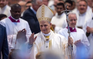 Pope Leo XIV waves to those gathered for Mass for the Jubilee of Sport on the solemnity of the Most Holy Trinity on June 15, 2025, in St. Peter’s Basilica at the Vatican. Credit: Daniel Ibañez/CNA
