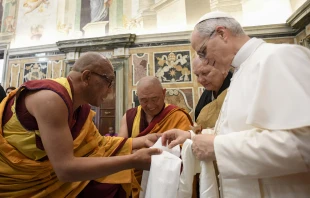 Pope Leo XIV greets Buddhist monks in a meeting with representatives of other Christian churches, ecclessial communities, and other religions on May 19, 2025, at the Vatican. Credit: Vatican Media