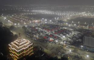 An aerial view of tents installed at Sangam ahead of Maha Kumbh Mela in Prayagraj on Jan. 7, 2025. Credit: prabhat kumar verma/Shutterstock