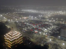 An aerial view of tents installed at Sangam ahead of Maha Kumbh Mela in Prayagraj on Jan. 7, 2025.