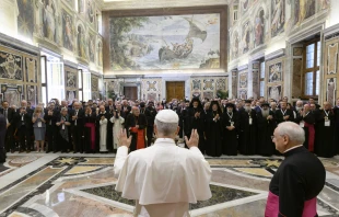 Pope Leo XIV greets participants of the symposium “Nicaea and the Church of the Third Millennium: Towards Catholic-Orthodox Unity” in Rome, Saturday, June 7, 2025. Credit: Vatican Media