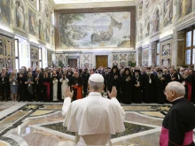 Pope Leo XIV greets participants of the symposium “Nicaea and the Church of the Third Millennium: Towards Catholic-Orthodox Unity” in Rome, Saturday, June 7, 2025.