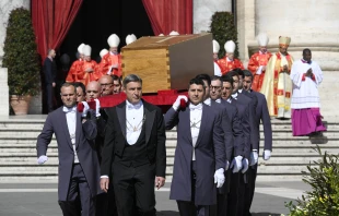 Pallbearers process with the coffin of Pope Francis during his funeral at St. Peter’s Square, Saturday, April 26, 2025. Credit: Vatican Media