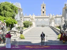 Pope Leo XIV greets the mayor of Rome at the foot of the Capitoline Steps before taking possession of St. John Lateran as bishop of Rome, May 25, 2025.