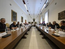 Pope Leo XIV meets with the synod’s 16th ordinary council near the Vatican on Thursday, June 26, 2025.