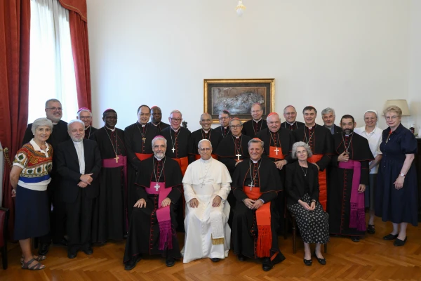 Pope Leo XIV poses with members of the synod’s 16th ordinary council near the Vatican on Thursday, June 26, 2025. Credit: Vatican Media