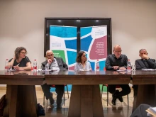 Speakers present at the briefing presenting the report “Attacks on Christians in Israel and East Jerusalem” by the Rossing Center on March 27, 2025. From left to right: Hana Bendcowsky, director of the Jerusalem Center for Jewish-Christian Relations at the Rossing Center; Bernard Sabella, a retired professor of sociology; Federica Sasso (Rossing Center)), moderator, Hussam Elias, executive director of the project; and Jesuit Father David Neuhaus.