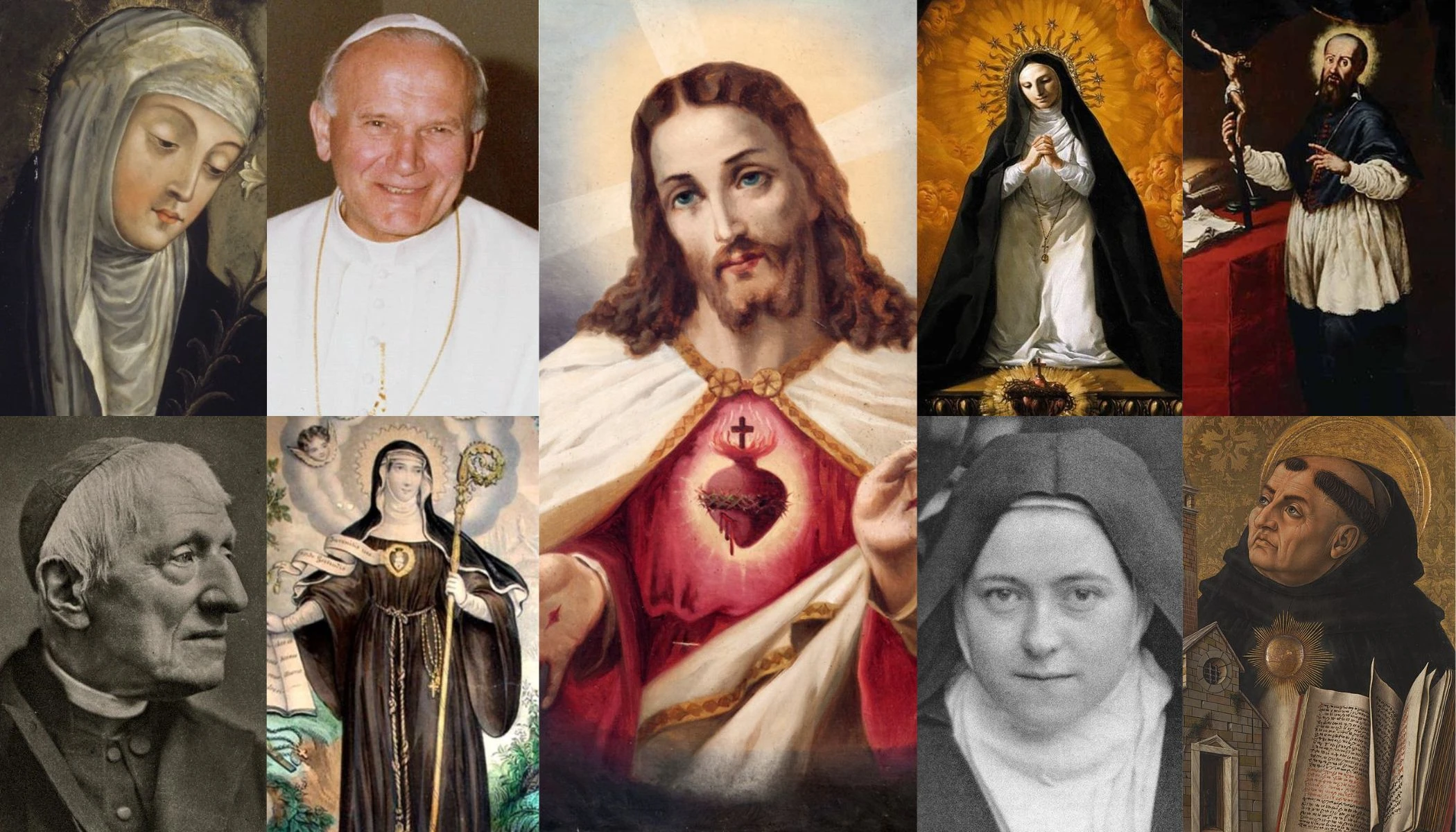 Top, left to right: St. Catherine of Siena, St. John Paul II, Sacred Heart of Jesus, St. Margaret Mary Alacoque, St. Francis de Sales. Bottom, left to right: St. John Henry Newman, St. Gertrude of Helfta, St. Thérèse of Lisieux, and St. Thomas Aquinas.?w=200&h=150