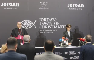 The papal ambassador to Jordan, Archbishop Giovanni Pietro Dal Toso, and Jordanian Minister of Tourism and Antiquities Lina Annab speak at a press conference in Amman, Jordan, about the new exhibit “Jordan: Dawn of Christianity,” which will open at the Vatican on Jan. 31, 2025. Credit: ACI MENA
