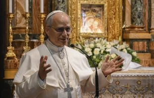 Pope Leo XIV speaks in front of the famous icon at the Shrine of the Mother of Good Counsel in Genazzano, Italy, on Saturday, May 10, 2025. Credit: Vatican Media