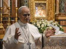 Pope Leo XIV speaks in front of the famous icon at the Shrine of the Mother of Good Counsel in Genazzano, Italy, on Saturday, May 10, 2025.