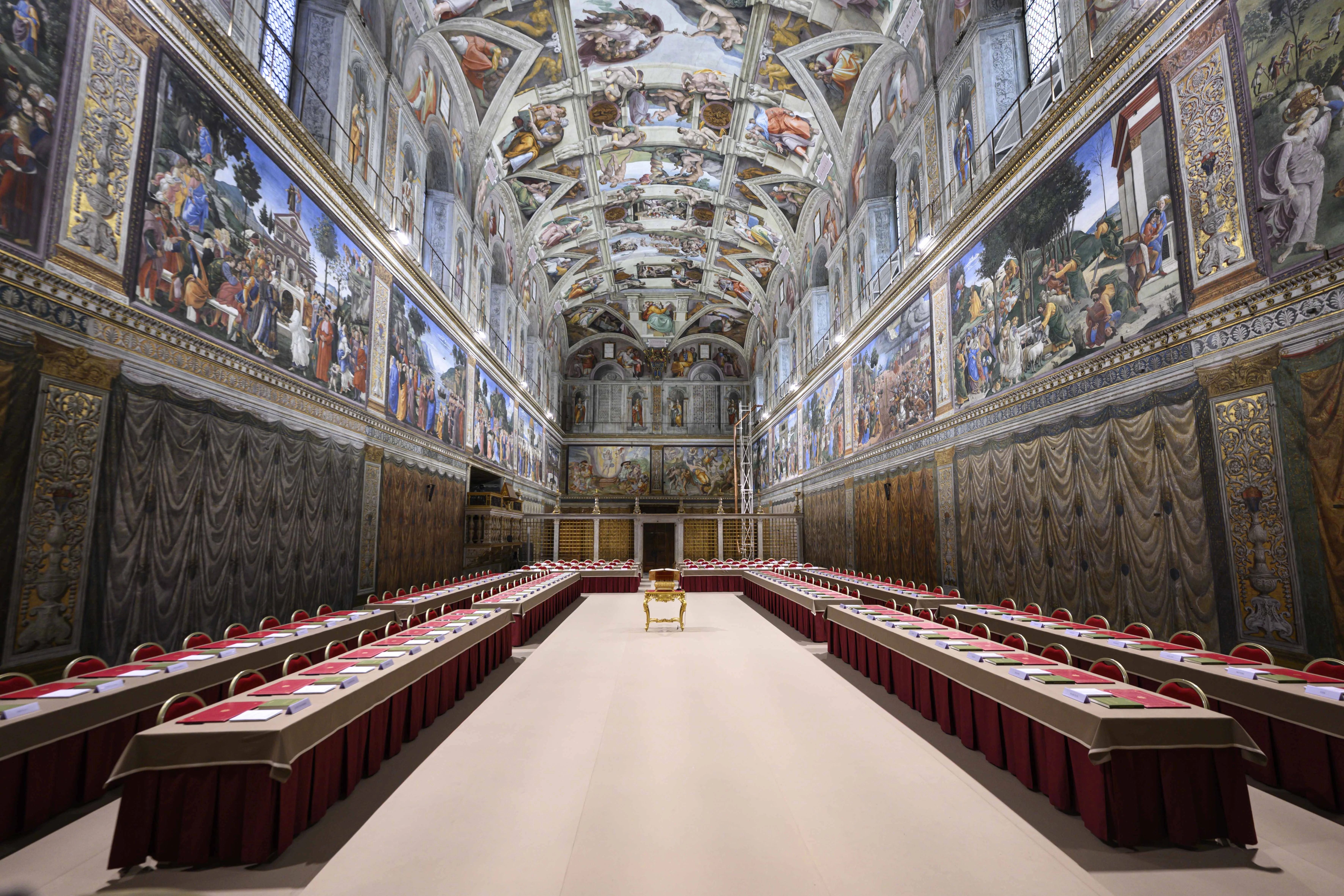 Long tables at the Sistine Chapel await the arrival of cardinals for the conclave to elect the next pope, Tuesday, May 6, 2025.?w=200&h=150
