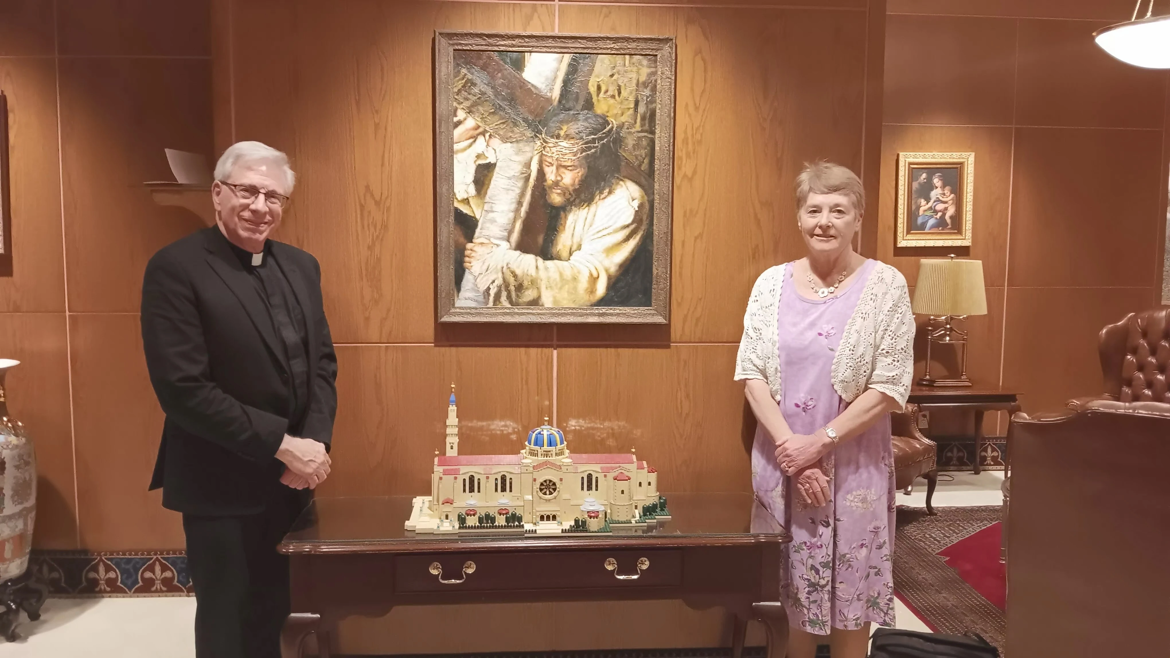 Monsignor Vito Buonanno and Dee Steel pose before the Lego model of the Basilica of the National Shrine of the Immaculate Conception in Washington, D.C., Tuesday, June 24, 2025.?w=200&h=150