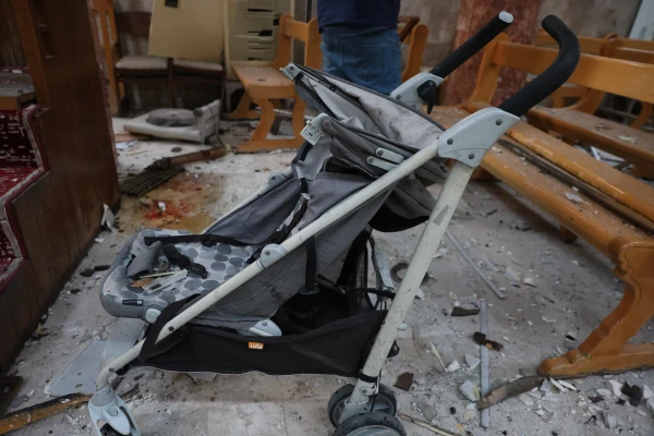 A stroller left behind after the suicide attack on Mar Elias Church in Al-Duwaileh, Damascus, on June 22, 2025. Credit: Mohammed Al-Rifai/ACI MENA