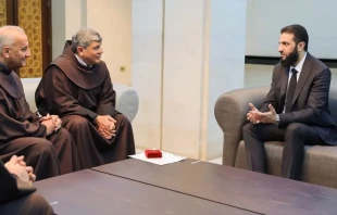 Father Ibrahim Faltas, vice custodian of the Holy Land, meets with Ahmed Al-Sharaa, the head of Syria’s new administration, in Damascus. Credit: CTS