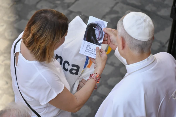 Pope Leo XIV is shown anti-drug material by an anti-drug advocate at the Apostolic Palace in Vatican City, Thursday, June 26, 2025. Credit: Vatican Media