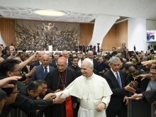 Pope Leo XIV meets with priests of Rome in the Vatican’s Paul VI Hall on Thursday, June 12, 2025.