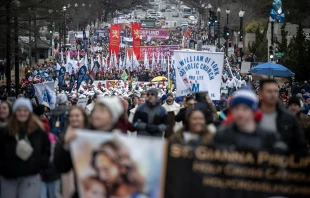 Tens of thousands of pro-life advocates march through the streets of Washington, D.C., during the 52nd annual March for Life on Jan. 24, 2025. Credit: Jeffrey Bruno