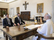 U.S. Vice President JD Vance and Secretary of State Marco Rubio, seated in places of honor usually reserved for heads of state, meet with Pope Leo XIV in the papal library on May 19, 2025.