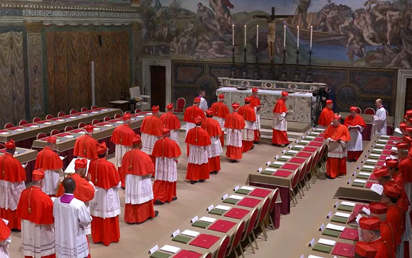 Cardinals process into the Sistine Chapel as the conclave to elect the 266th successor to St. Peter, the 267th pope, begins on May 7, 2025.?w=200&h=150