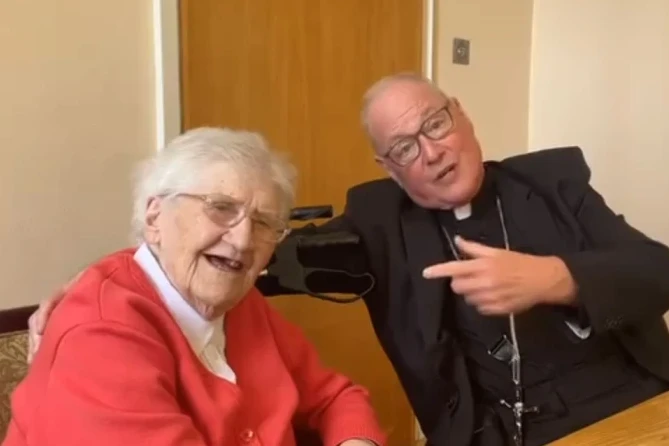 Cardinal Timothy Dolan, archbishop of New York, with Sister Mary Bosco of the Sisters of Mercy, a 100-year-old Irish nun who taught him to “love and serve the Lord.”?w=200&h=150