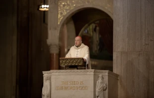 Cardinal Robert McElroy gives his first homily as the shepherd of the Archdiocese of Washington at the Basilica of the National Shrine of the Immaculate Conception on March 11, 2025. Credit: Patrick Ruddy/CNA