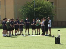 Athletes pray before a match organized by the Caritas Cup in Rome, Saturday, June 14, 2025.