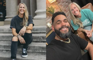 Catholic speaker and author Kim Zember (left) and Zember on the set of her new podcast on EWTN, “Here I AM Stories,” with guest Angel Colon. Credit: Photos courtesy of Kim Zember