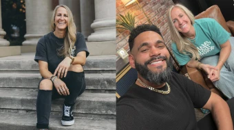 Catholic speaker and author Kim Zember (left) and Zember on the set of her new podcast on EWTN, “Here I AM Stories,” with guest Angel Colon.