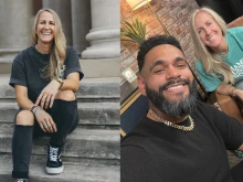 Catholic speaker and author Kim Zember (left) and Zember on the set of her new podcast on EWTN, “Here I AM Stories,” with guest Angel Colon.