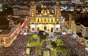 More than 10,000 faithful gather on May 10, 2025, in front of the Cathedral of Santa María de Chiclayo in Peru to celebrate a Thanksgiving Mass for the election of Pope Leo XIV. Credit: Diego Lopez Marina/EWTN News