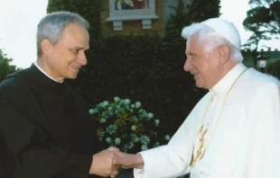 Pope Benedict XVI greets the future Pope Leo XIV in the Vatican Gardens. Credit: Courtesy of the Augustinian Midwest Province (USA), Our Mother of Good Counsel