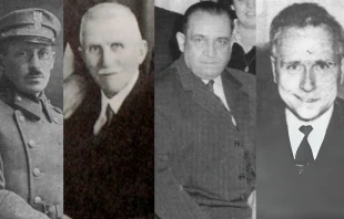 From left to right: Karol Wojtyla Sr., Joseph Ratzinger Sr., Mario Jose Bergoglio, Louis Marius Prevost. Credit: Public domain; courtesy of Ignatius Press; courtesy of The Society of Jesus Argentina; fair use