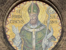Mosaic of Sales on the exterior of St. Francis de Sales Oratory in St. Louis.