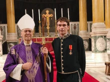 Auxiliary Bishop Nicholas Hudson with the lord mayor of Westminster, Robert Rigby, at Westminster Cathedral on Thursday, March 20, 2025.