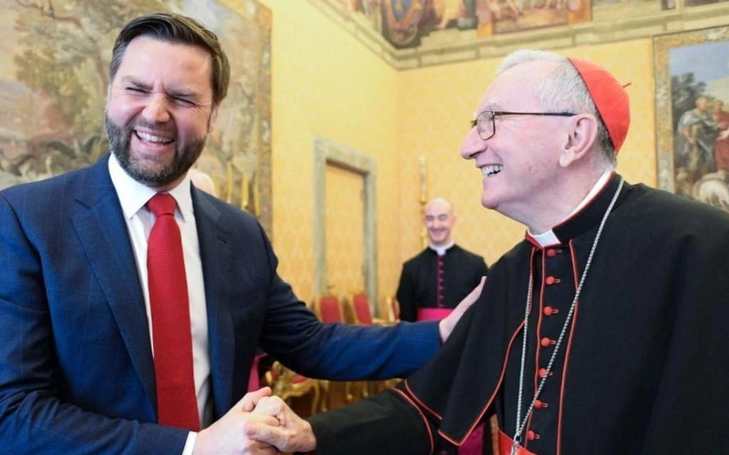 Vice President JD Vance shares a moment of laughter with Cardinal Pietro Parolin, Vatican secretary of state, during their meeting at the Vatican on Holy Saturday, April 19, 2025.?w=200&h=150