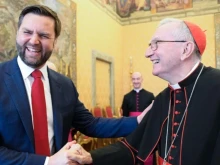 Vice President JD Vance shares a moment of laughter with Cardinal Pietro Parolin, Vatican secretary of state, during their meeting at the Vatican on Holy Saturday, April 19, 2025.