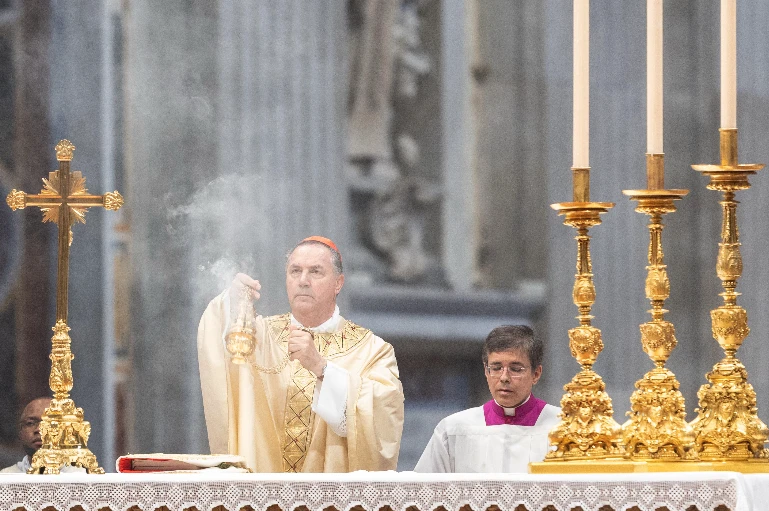 Cardinal Ángel Fernández Artime incenses the altar at the eighth Novendiales Mass for Pope Francis in St. Peter's Basilica, Saturday, May 3, 2025.?w=200&h=150