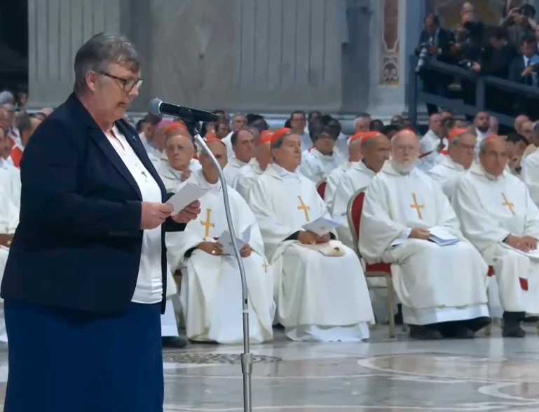 Sister Mary Barron speaks at the eighth Novendiales Mass for Pope Francis in St. Peter’s Basilica, Saturday, May 3, 2025.?w=200&h=150