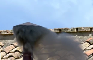 Black smoke billows from the chimney at 11:53 am local time over St. Peter’s square on May 8, 2025. Credit: Vatican Media