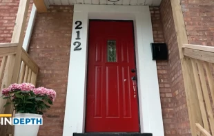 The front door of 212 E. 141st Place, the childhood home of Pope Leo XIV, in Dolton, Illinois. Credit: EWTN News