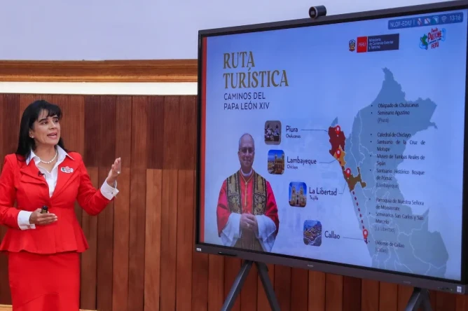 Peru’s Minister of Foreign Trade and Tourism Desilú León explains the route for “Paths of Pope Leo XIV,” which will cover four regions in the country: Lambayeque, Piura, La Libertad, and Callao, key locations in the pastoral life of Pope Leo XIV.?w=200&h=150