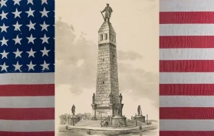 An 1889 rendition by architects Bullard & Bullard of the National Emancipation Monument proposed for Springfield, Illinois (Library of Congress), superimposed on a 34-star U.S. flag dating to the Civil War. Credit: Wikimedia Commons