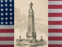 An 1889 rendition by architects Bullard & Bullard of the National Emancipation Monument proposed for Springfield, Illinois (Library of Congress), superimposed on a 34-star U.S. flag dating to the Civil War.