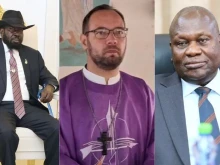 Bishop Christian Carlassare (center), President Salva Kiir (left), and Dr. Riek Machar (right).